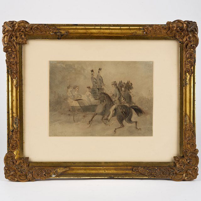 Constantin Guys (1802-1892, French), ink drawing: Constantin Guys (1802-1892, French), ink drawing: Horse drawn carriage, pen and ink wash on paper, apparently unsigned, 6.75" x 9" (sheet), matted and framed - Condition Report: overall fair/good, not