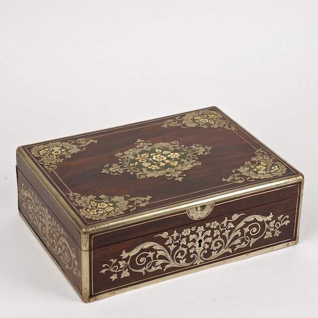 Napoleon III pewter and ivory inlaid rosewood box: Napoleon III pewter and ivory inlaid rosewood box: 19th c., 3.75"h x 11"l x 8"d - Condition Report: overall good, general finish distress commensurate with age and use, restorations, lacking key