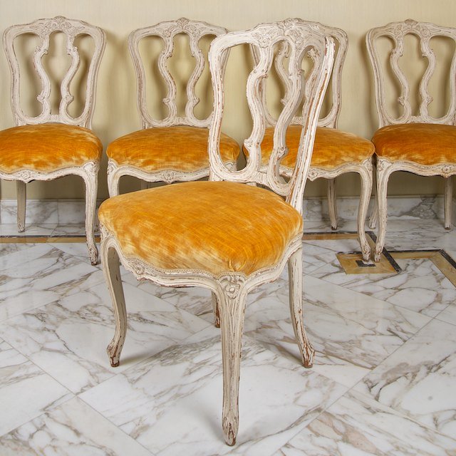 Set (12) Louis XV style white painted side chairs: Set (12) Louis XV style white painted side chairs: Mid 20th c., 37"h x 20"w x 18.5"d - Condition Report: overall good, paint distress commensurate with age and use, structurally sound - Provenance: Th