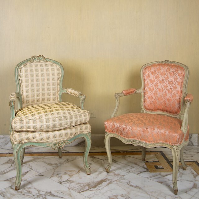 Near pair Louis XV green painted fauteuils: Near pair Louis XV green painted fauteuils: 19th c., each approx. 34"h x 23.5"w x 22"d - Condition Report: overall good/fair, general paint and wood distress commensurate with age and use, joint shrin