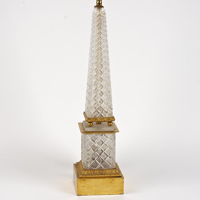 French bronze mounted cut crystal obelisk lamp: French bronze mounted cut crystal obelisk lamp: Mid 20th c., poss. Baccarat, 21"h x 5.25" squ. (excl. lamp fittings), 33"h (total) - Condition Report: overall good, small chip near peak, gilding rubbe