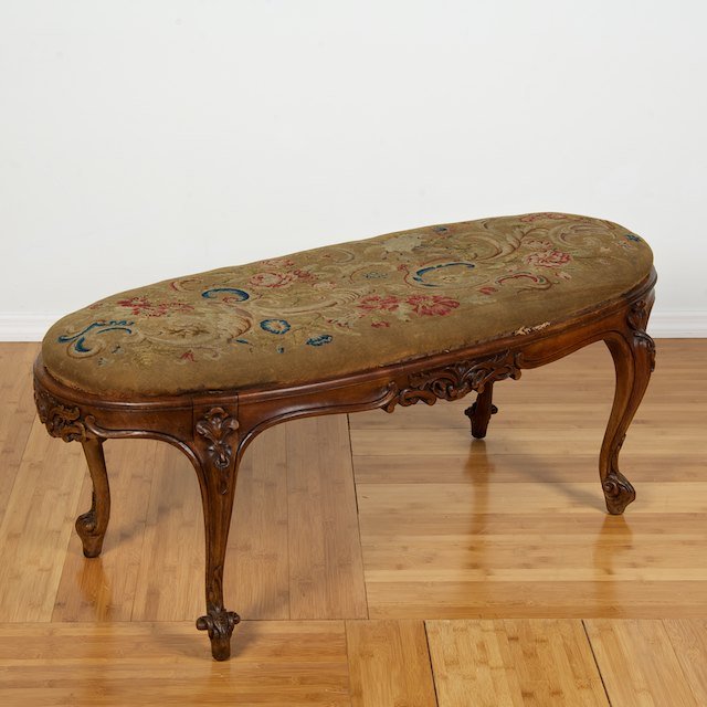 Rococo Revival carved walnut needlepoint bench: Rococo Revival carved walnut needlepoint bench: 19th c., 17.5"h x 45"l x 18"d - Condition Report: overall good/fair, general finish and wood distress commensurate with age and use, joint shrinkage, so