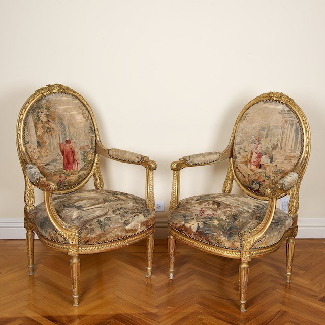 Pair louis XVI giltwood Aubusson fauteuils: Pair louis XVI giltwood Aubusson fauteuils: 19th c., 41"h x 28"w x 24"d - Condition Report: overall good/fair, general finish and wood distress commensurate with age and use, joint shrinkage, tapestry