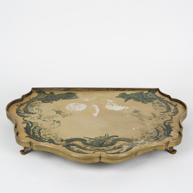 Louis XV bronze and tole peinte plateau: Louis XV bronze and tole peinte plateau: 18th/19th c., probably a section from a larger piece, 2.25"h x 21.5"w x 16.5"d - Condition Report: overall fair, paint loss and distress commensurate with age