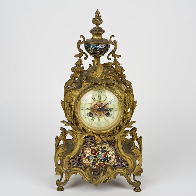 French bronze and champleve enamel mantel clock: French bronze and champleve enamel mantel clock: 19th/20th c., Japy Freres works, 17.25"h x 9"w x 4.75"d - Condition Report: overall good/fair, evidence of age and handling, gilding rubbed, chip and s