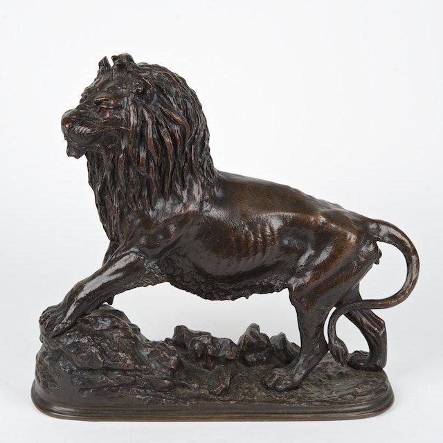 Christophe Fratin (1800-1864, French), bronze: Christophe Fratin (1800-1864, French), bronze: Lion, bronze with dark brown patina, signed "Fratin", 14.5"h x 15"l x 6.75"d - Condition Report: overall good, patina rubbed, no significant damage or re
