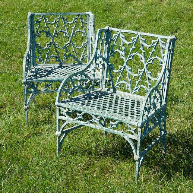 Nice pair Gothick cast iron garden armchairs: Nice pair Gothick cast iron garden armchairs: 19th c., 35.5"h x 26"w x 18.5"d - Condition Report: overall good, weathering, oxidation, pitting, paint loss