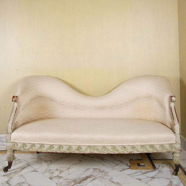 Gustavian green/white painted sofa: Gustavian green/white painted sofa: 19th c., 30.5"h x 58.5"l x 26"d - Condition Report: overall fair/good, general paint loss and distress commensurate with age and use, shrinkage, structurally sound