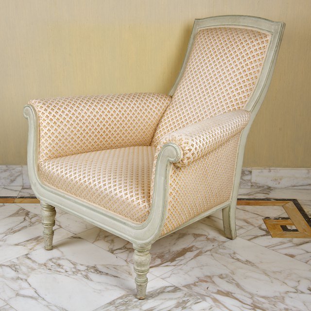 Gustavian style green/white painted lyre armchair: Gustavian style green/white painted lyre armchair: 20th c., 34.5"h x 34"w x 32"d - Condition Report: overall fair/good, general paint loss and distress commensurate with age and use, structurally soun