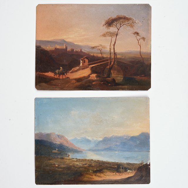 Continental School (18th/19th century), pair pain: Continental School (18th/19th century), pair paintings: Landscapes with travelers, (2) oils on tin, no signature found, 5" x 6.75 (plate), unframed - Condition Report: overall good/fair, varnish darke
