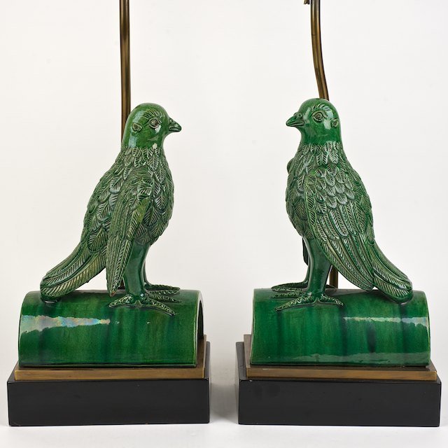 Pair green glazed pottery falcon roof tile lamps: Pair green glazed pottery falcon roof tile lamps: 19th c., stamped "14?", 14"h x 9"l x 5.5"w (excl. lamp fittings), 30"h (total) - Condition Report: overall good, possible repair, chip to wing tip, no