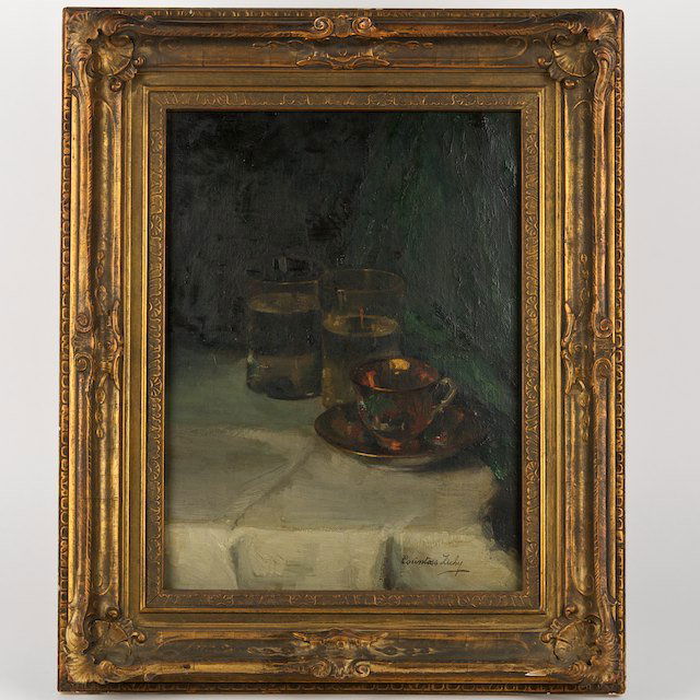 Maria (Countess) Zichy (1893-1962, Hungarian), pa: Maria (Countess) Zichy (1893-1962, Hungarian), painting: Still life with glasses, oil on canvas, signed "Countess Zichy", lower right, 15.5" x 11.75" (sight), gilt frame - Condition Report: overall go