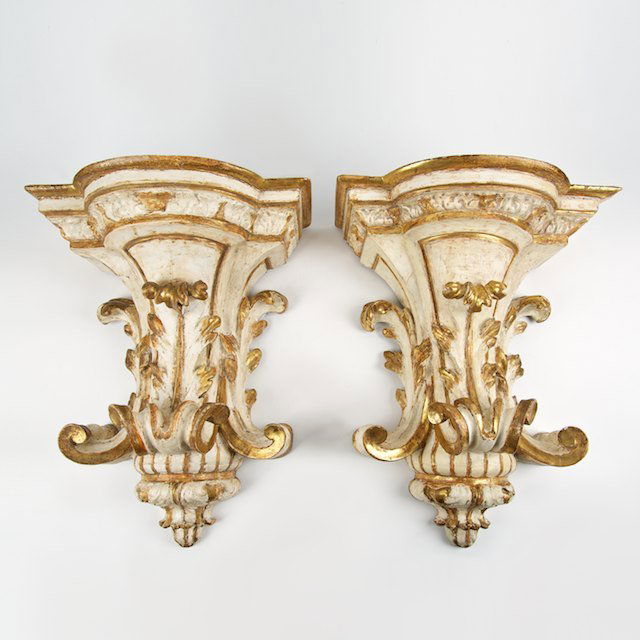 Pair large Continental Baroque painted wall brack: Pair large Continental Baroque painted wall brackets: 19th/20th c., with foliate carving, 22.5"h x 17.5"w x 9.75"d - Condition Report: overall good/fair, general paint and wood distress commensurate w
