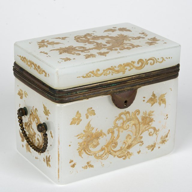 Continental brass mounted gilt white opaline box: Continental brass mounted gilt white opaline box: 19th c., 4"h x 5"l x 3.25"d - Condition Report: overall good, key lacking, gilding rubbed, no damage or repairs observed