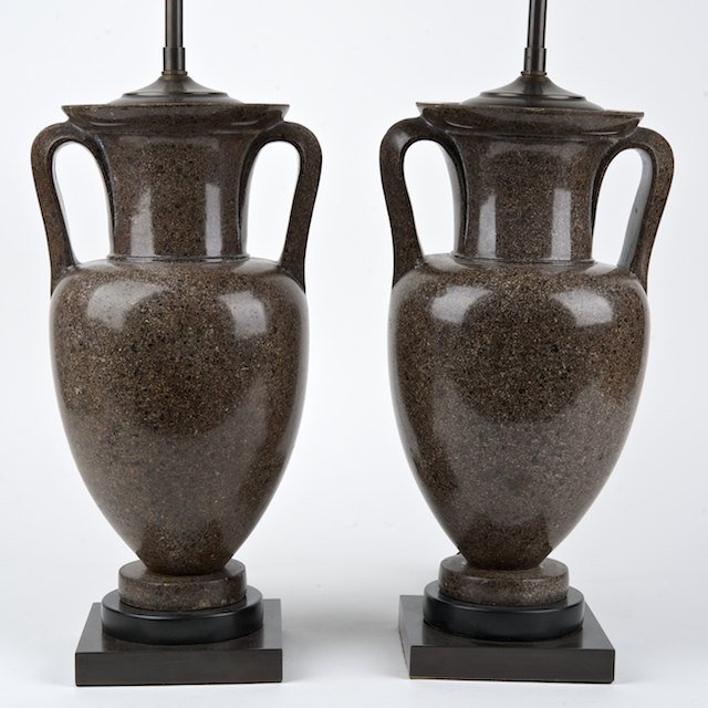 Nice pair Neo-classical porphyry type stone urn l: Nice pair Neo-classical porphyry type stone urn lamps: Prob. 19th c. and adapted, 13.75"h x 8"w (excl. lamp fittings), 28"h (total) - Condition Report: overall good/fair, chips to rim and handle, no s