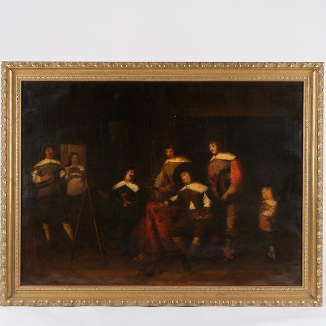 H. Ward (19th century), painting: H. Ward (19th century), painting: Dutch master in his studio, oil on canvas, signed "H. Ward", 26.75" x 37" (sight), gilt frame - Condition Report: overall fair, relined, craquelure, restorations, som