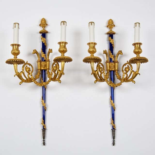 Pair Neo-classical style bronze, blued metal scon: Pair Neo-classical style bronze, blued metal sconces: 20th c., 24.5"h x 12"w x 8"d - Condition Report: overall good, gilding rubbed, nicks and scratches, one arm drilled, no significant damage or repa