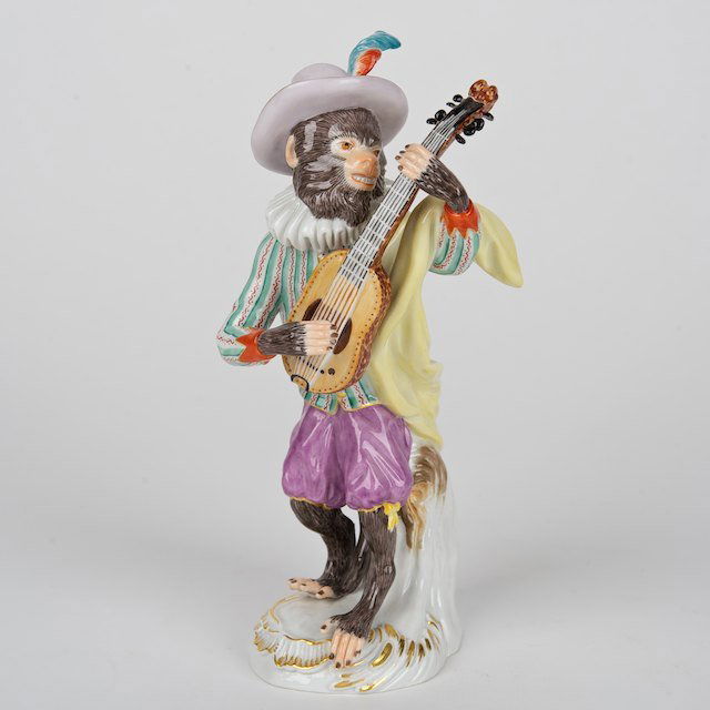 Meissen porcelain monkey band figure: Meissen porcelain monkey band figure: 20th c., guitar player, underglaze blue factory mark, no. 60017/35AB, 6"h x 3"w - Condition Report: overall good, no damage or repairs observed
