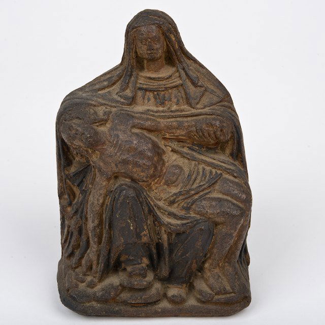 Continental earthenware Pieta: Continental earthenware Pieta: Poss. 17th c., 4.5"h x 3.25"w - Condition Report: overall good/fair, paint loss, small chip, no significant damage or repairs observed - Provenance: The Estate of Leo St