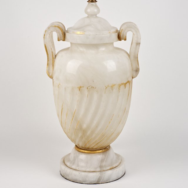 Italian Neo-classical gilt alabaster urn lamp: Italian Neo-classical gilt alabaster urn lamp: 19th c., 19.5"h x 10.5"w (excl. lamp fittings) - Condition Report: overall good/fair, small nicks especially to base, gilding rubbed, no significant dama
