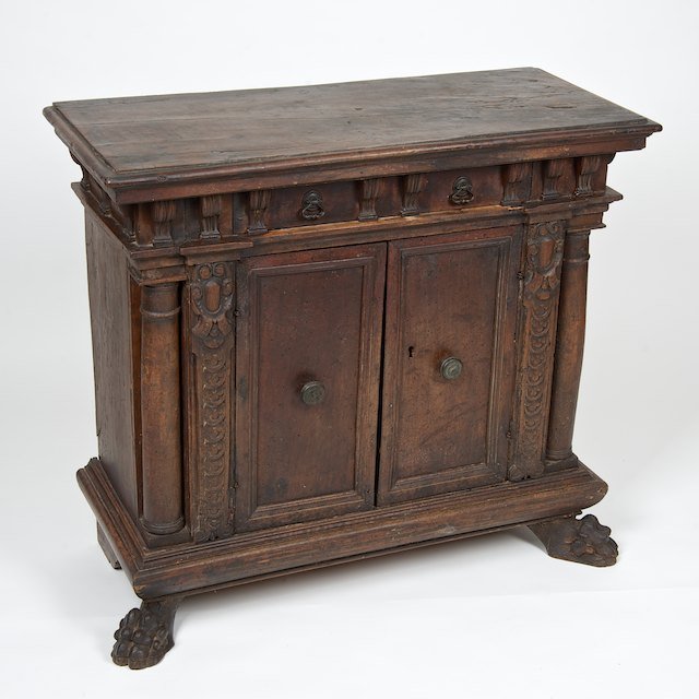 Italian Baroque carved walnut credenza: Italian Baroque carved walnut credenza: 17th/18th c. and later, 33.5"h x 37"w x 16.5"d - Condition Report: overall good/fair, general finish and wood distress commensurate with age and use, shrinkage 