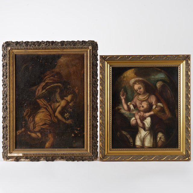 Continental School (17th/18th century), (2) paint: Continental School (17th/18th century), (2) paintings: Angels, (2) oils on canvas, no signatures found, 21.5" x 15.5" (sight) and 18.5" x 15" (sight), framed - Condition Report: overall fair/poor, bot