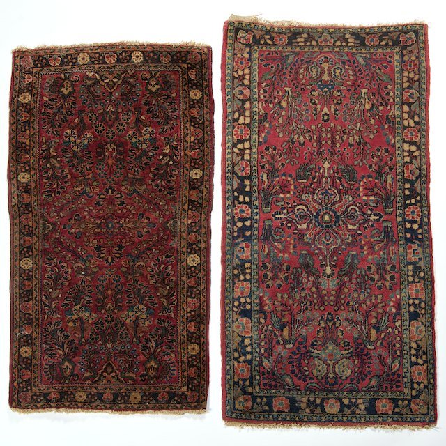 Near pair Sarouk mats: Near pair Sarouk mats: Circa 1930s, approx. 4'4" x 2'1" and 4'1" x 2'2" - Condition Report: overall good, even pile wear, fringe loss - Provenance: Descendants of the Otto Huber brewing family, NY