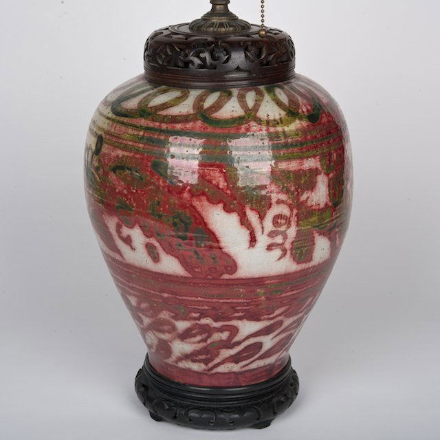 Antique Indo-Persian glazed earthenware jar lamp: Antique Indo-Persian glazed earthenware jar lamp: Prob. 18th c., 12"h x 10.25"dia. (excl. lamp fittings), 31.5"h (total) - Condition Report: overall good/fair, crazing, hairline, crazing, drilled for