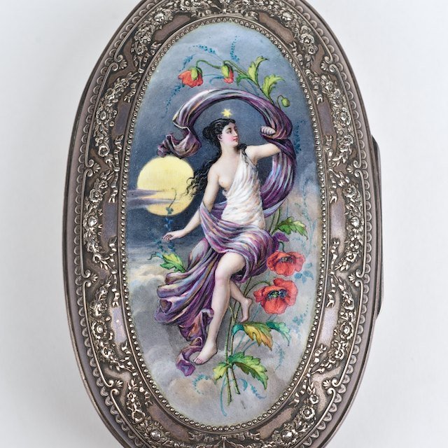 Very nice Gorham sterling and enamel jewelry box: Very nice Gorham sterling and enamel jewelry box: Early 20th c., the enameled cover depicting Nyx, the goddess of night, 1.75"h x 5.25"l x 3"d, approx. 7.3 ozt. (total) - Condition Report: overall goo