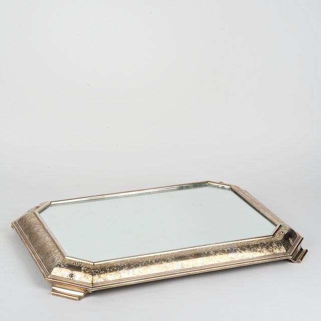 Gorham engraved sterling silver and mirror platea: Gorham engraved sterling silver and mirror plateau: First half 20th c., no. 19E, 2.5"h x 24"l x 17.5"d, not weighed for silver content - Condition Report: overall good/fair, monogrammed, nicks, scratc