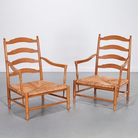 Pair Slovenian oversized rush seat armchairs