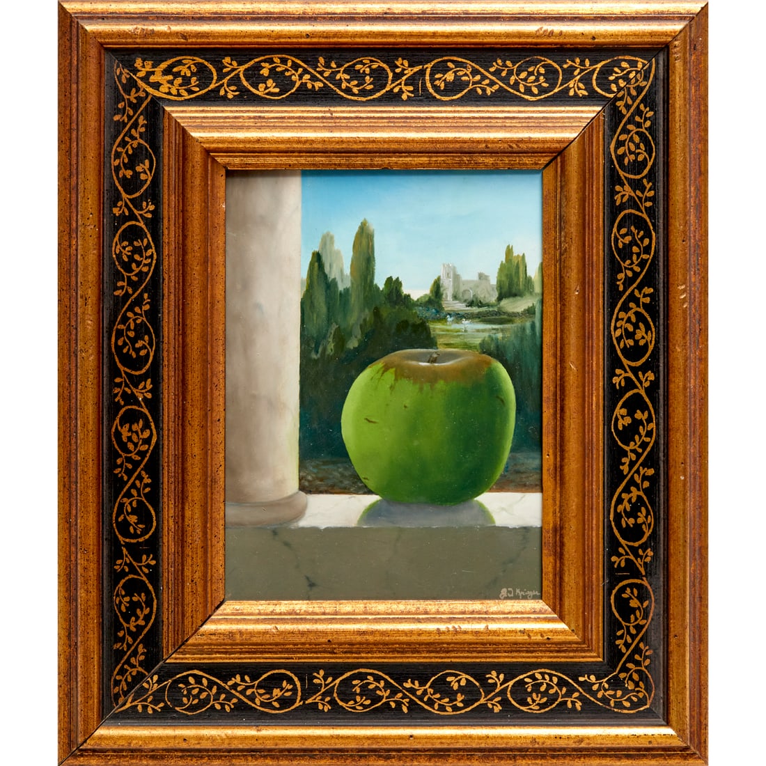 Rene Magritte (manner), oil on masonite: Rene Magritte (manner), oil on masonite, Manner of Rene Magritte (Belgian, 1898-1967), signed "J.I. Krieger" lower right, 7.5"h x 5.5"w (sight), 13.5"h x 11.5"w (frame)
