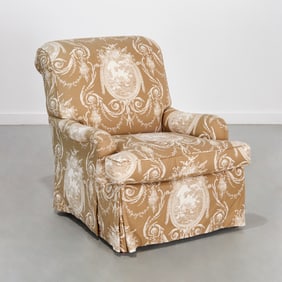 Custom English arm toile upholstered club chair