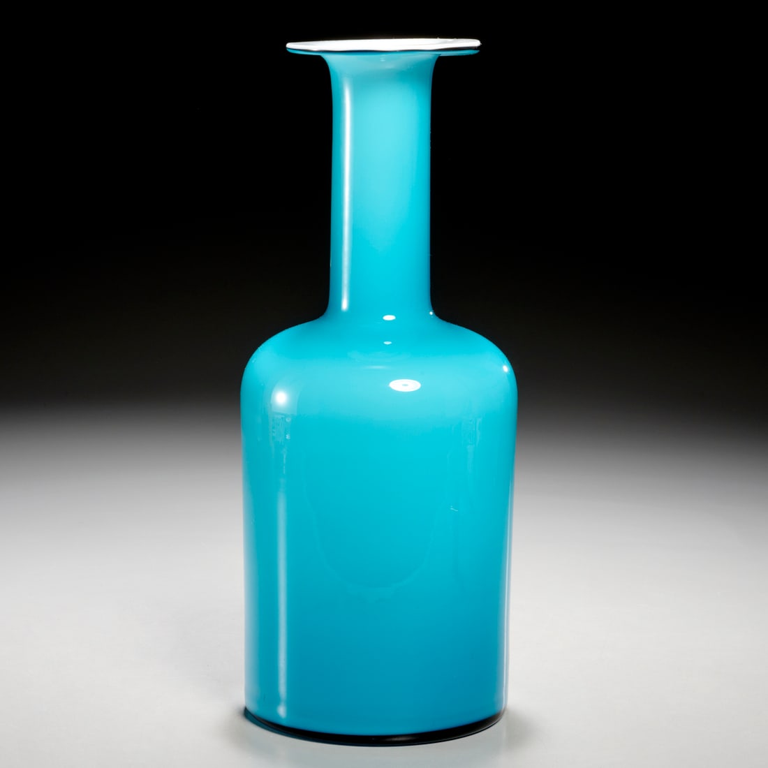 Otto Brauer, "Gulvvase" blue opaline glass vase: Otto Brauer, "Gulvvase" blue opaline glass vase, Mid-20th c., Denmark, Otto Brauer for Kastrup-Holmegaard, blue opaline bottle vase with white cased glass interior, unmarked, 12"h x 4.75"w Provenance: