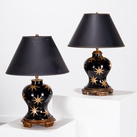 Pair Designer reverse painted glass table lamps