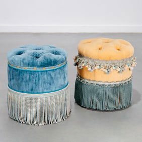 (2) Custom Victorian style upholstered poufs