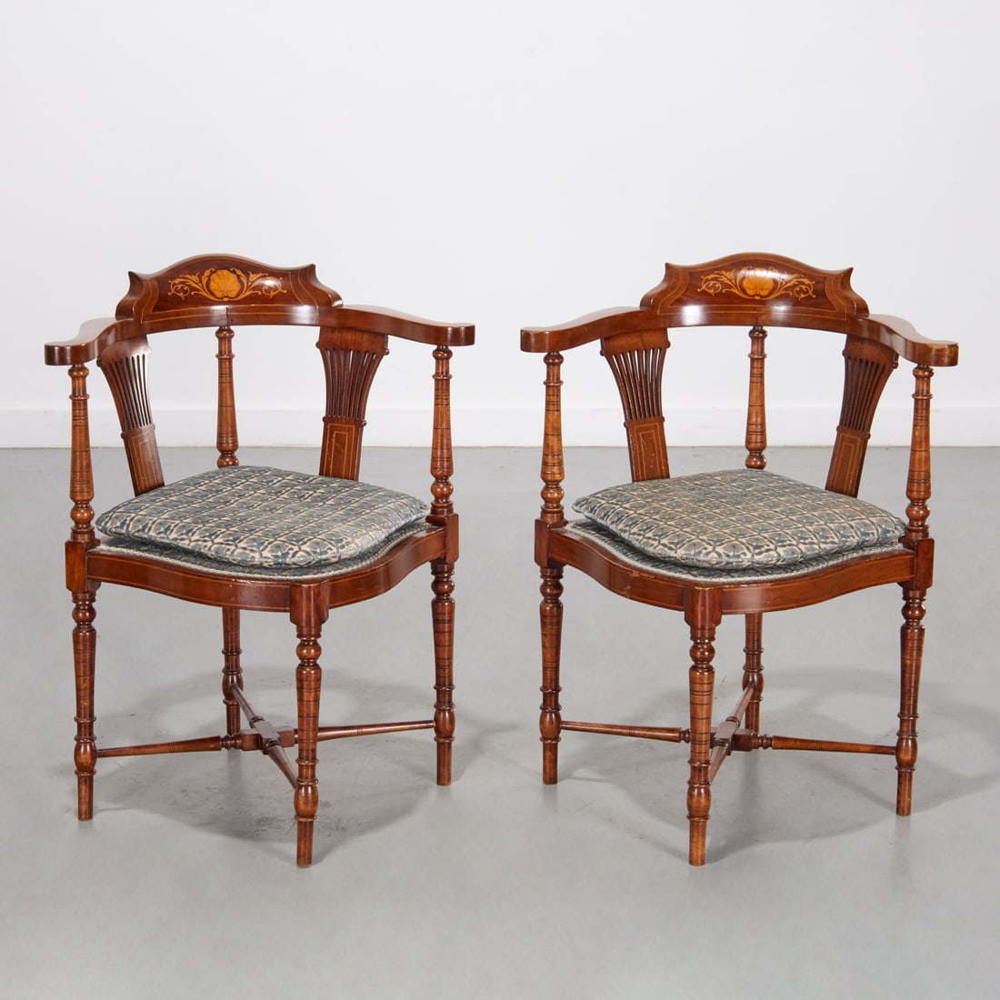 Pair Edwardian inlaid corner chairs (1 of 8)