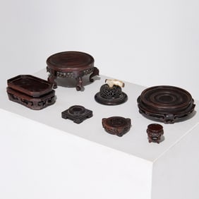 Group antique Chinese hardwood stands & cover