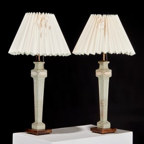 Pair Louis XVI style carved & painted wood lamps