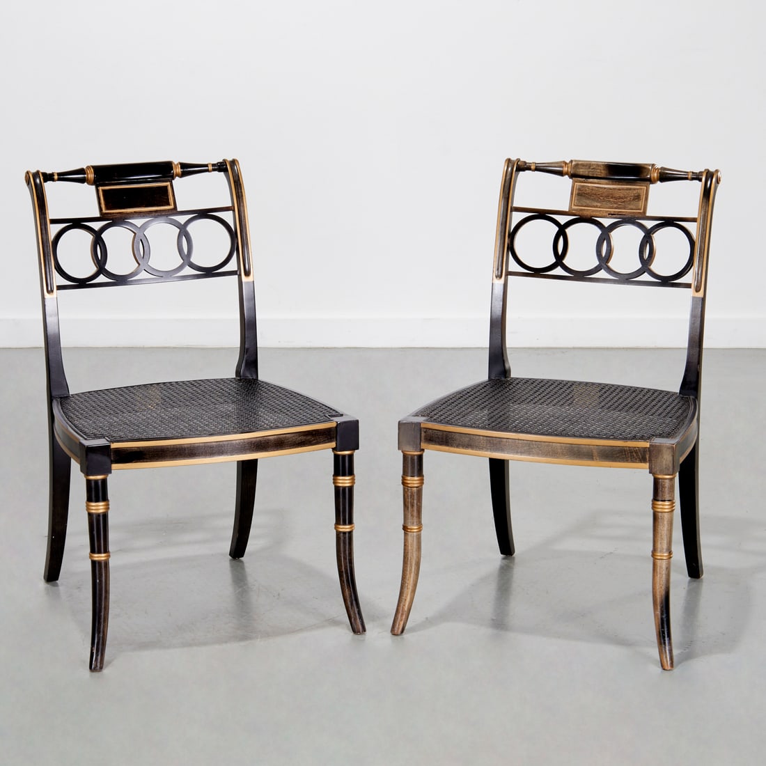Pair Baker ebonized and caned side chairs (1 of 8)