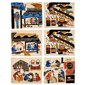 (6) Japanese stencil prints, ex museum