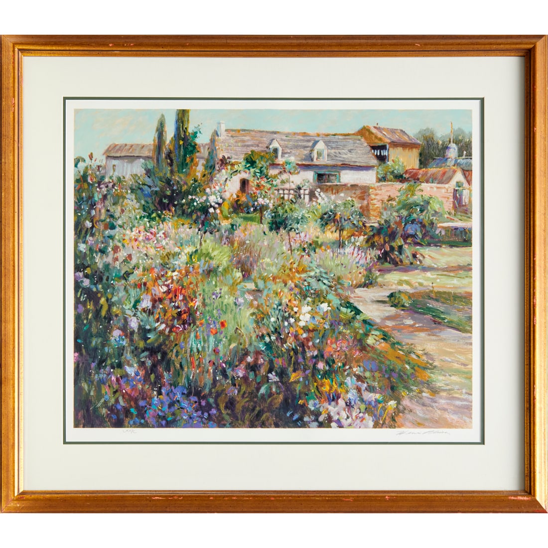 Henri Plisson, large signed serigraph: Henri Plisson, large signed serigraph, Henri Plisson (American, 1934-2006), English cottage and garden, pencil signed and numbered "LXV/C" (65/100) lower margin, matted and framed under glass, 25.5"h