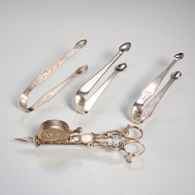 Georgian sterling tongs and snuffer, ex museum