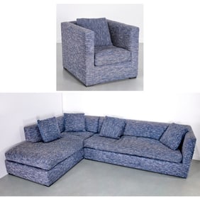 Custom navy blue sectional sofa and club chair