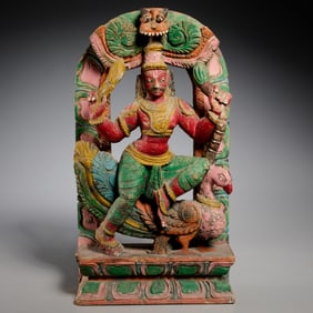 Indian carved & painted wood Karttikeya