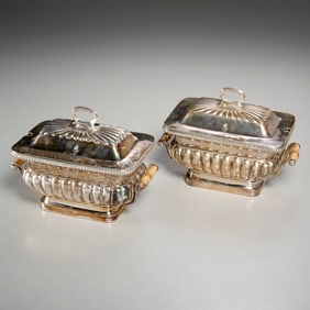 Pair Old Sheffield silver plate tureens, ex museum