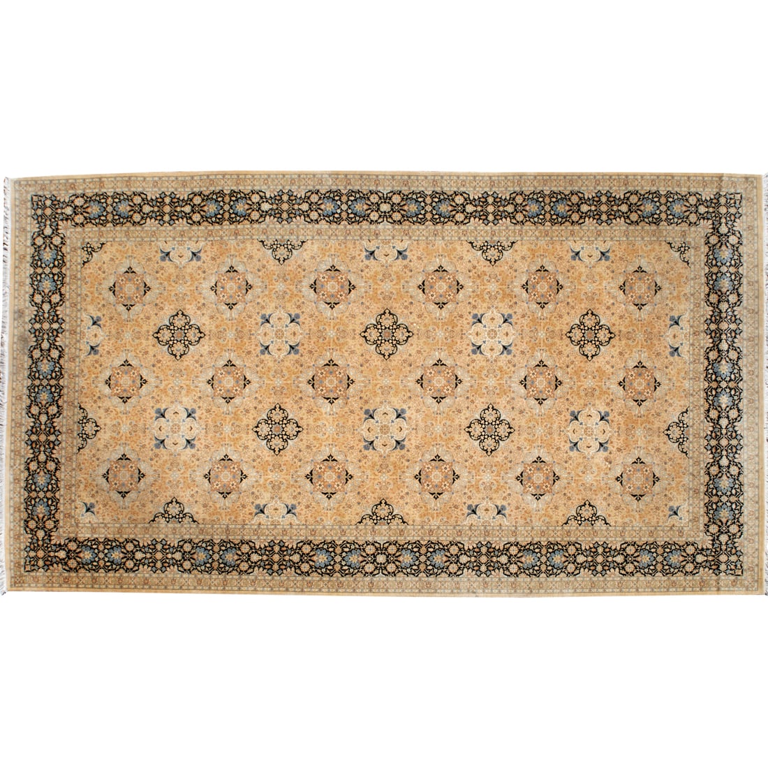 Bloomindale's "Mogul Collection" wool carpet: Bloomindale's "Mogul Collection" wool carpet, 21st c., imported, hand-knotted wool rug, with repeating medallion design on cream ground, with black border, unmarked, approx. 195"l x 108.5"w