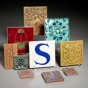 Group (10) ceramic art tiles, incl. Pewabic