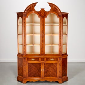 Georgian style burl wood bookcase cabinet