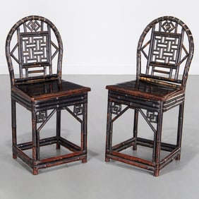 Pair Chinese Export lacquered bamboo chairs